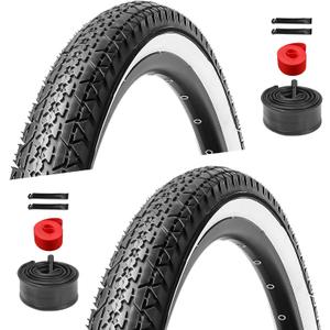 2 Pack 26 inch Bike Tires - 26x2.125 Beach Cruiser Bicycle Tires for Folding Replacement Bike with 26 inch Schrader Valve Bike Tubes, 2 Tire Levers (White)