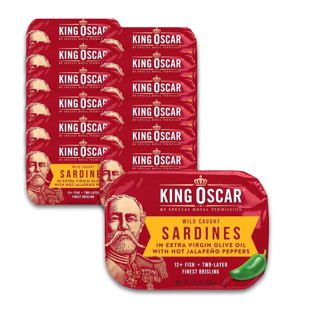 King Oscar Wild Caught Sardines in Extra Virgin Olive Oil, Hot Jalapeno Peppers, 3.75 Ounce (Pack of 12) (3480000656) (EXP 01/15/31)