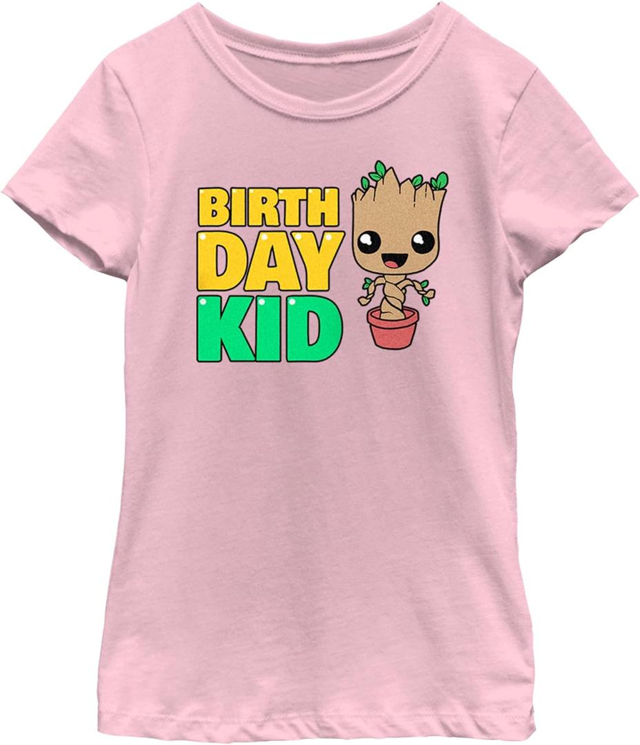 Fifth Sun Marvel Classic Guardians of The Galaxy Birthday Kid Groot Girls Short Sleeve Tee Shirt (Medium, Light Pink)