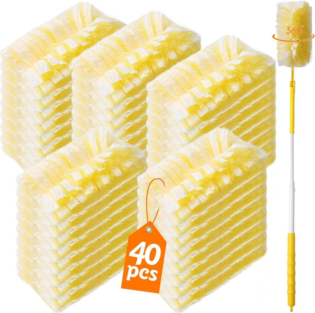 Senowi 40 Count 360 Heavy Duty Duster Refills Compatible with Swiffer, Large Size-Extra Thick Disposable Electrostatic Feather Duster Refill with 1 Retractable Handle(35-inch Length Fully Expanded) (Yellow)