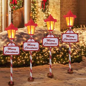 Christmas Pathway Lights Outdoor - 4 Pack Flickering Flame Solar Candy Stake Lights Waterproof Solar Landscape Lights for Christmas Garden, Patio, Yard Driveway Decoration(Red)