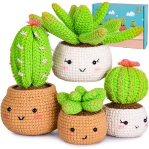 Crochet Kit for Beginners - Crochet Starter Kit with Step-by-Step Video Tutorials, Learn to Crochet Kits for Adults, DIY Knitting Supplies, 4 Pack Plants(40%+ Yarn)