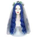 Wiggy Mermaid Blue Bride Wig for Corpse Costume, Long Wavy Wig with Bride Veil & Flower Crown + Wig Cap for Halloween Cosplay