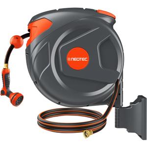 100FT Retractable Garden Hose Reel 1/2 Inch, Wall Mounted Heavy Duty Water Hose with Auto-Lock, Slow Return, 180° Swivel Bracket & 9-Pattern Spray Nozzle, UV Resistant Outdoor Hose Storage System