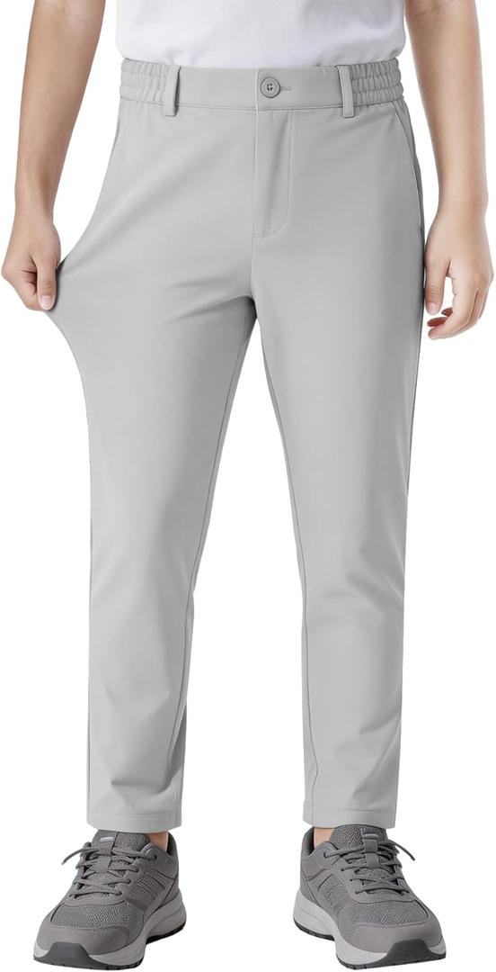Buyboxs Golf Pants for Teens Dress Pants Stretch Boys Uniform Pants Chino Pants for Boy Jeans Light Grey Elastic Waist Relaxed Fit with Pockets 146-152/ 10-12