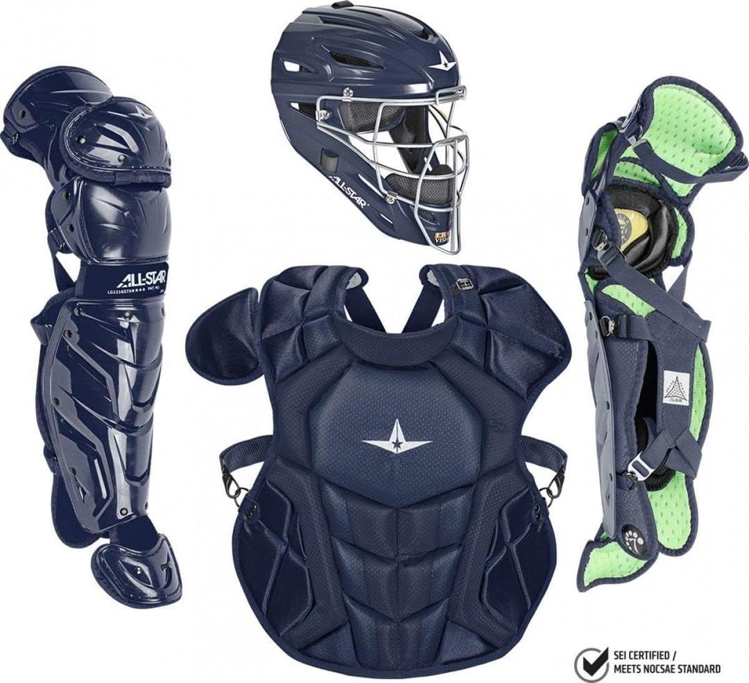 All-Star Catchers Gear Kit  Includes Helmet, Chest Protector & Leg Guards  Lightweight, Durable Baseball Protective Set, Meets NOCSAE (Ages 12-16, Navy)