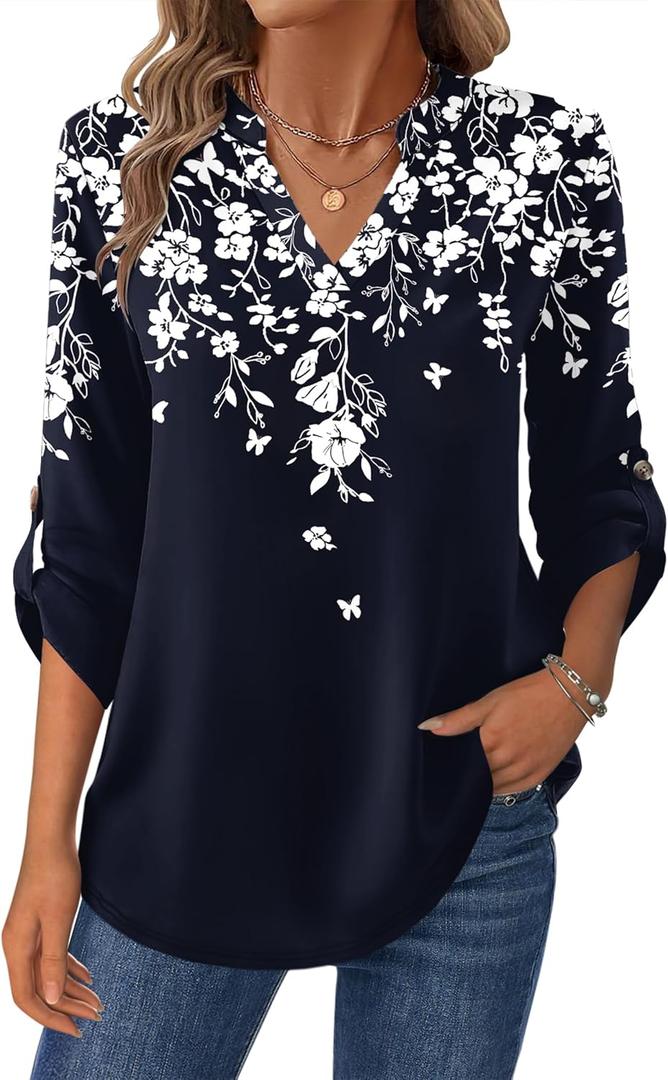 Zeagoo Womens Roll Up Long Sleeve Tops V Neck Shirts Dressy Casual Work Blouses S-2XL (Large)