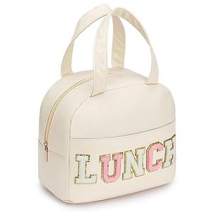 DIRGEE Lunch Bag for Women Insulated For Men PU leather Small Office Work lunch with Chenille Letters Leakproof Freezable Cooler Reusable Portable Box (White)