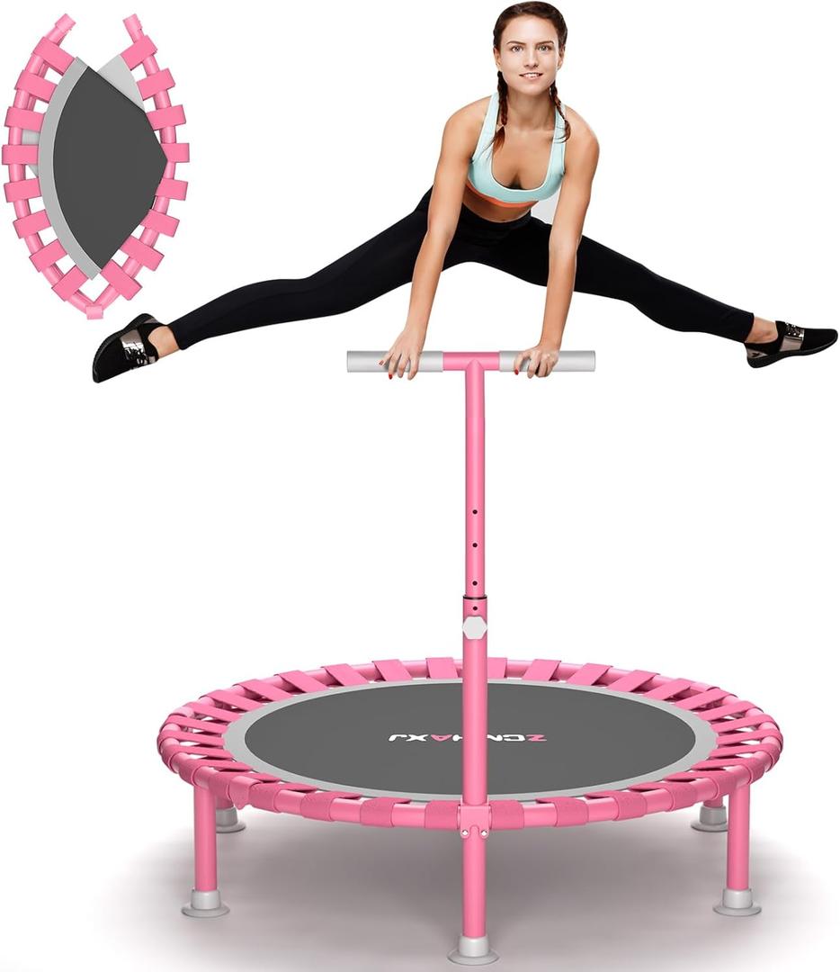 Foldable Mini Trampoline, 40" Rebounder Trampoline for Adults & Kids, 450lbs Capacity with T-Shaped Adjustable Bar, Indoor Fitness Workout Exercise Equipment, Pink 