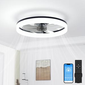 VOLISUN Low Profile Ceiling Fans with Lights and Remote, 20in Fandelier Ceiling Fan with Light, 3000K-6500K Dimmable Bladeless LED Fan Light, Black Flush Mount Ceiling Fans with Lights for Bedroom