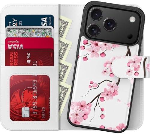 FUNMIKO for iPhone 17 Pro Case Wallet,Detachable Flip Folio Leather Cover,RFID Blocking 4 Card Slots Holder,Magnetic Kickstand,Protective Phone Shell for Women Girls,Elegant Cherry
