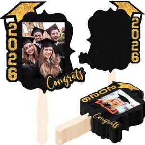 24 Pcs Personalized Graduation Fans Custom Photo Cutout Face Fans with Handle Double Sided Class of 2026 Grad Photo Props Grad Party Supplies Blank DIY Frame for Graduation Party Souvenirs (Gold)