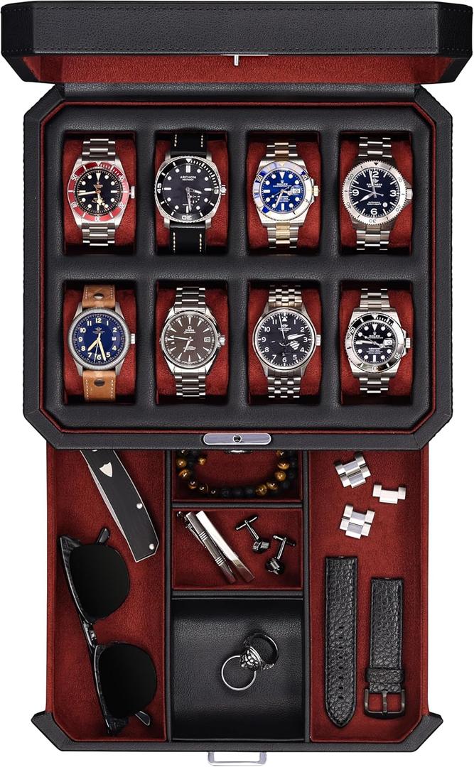ROTHWELL 8 Slot Leather Watch Box with Valet Drawer - Luxury Case Display Jewelry Organizer, Locking Display Case Holder, Real Glass Top - Watch Box Organizer for Men & Women (Black/Red)