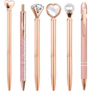 YOXMJDB Cute Pens for Women, 6 Pcs Rose Gold Pens Metal Ballpoint Pen Bulk, 1.0mm Medium Point Black Ink, Office and School Supplies Cool Fun Pen Gifts for Women Teacher Nurse (Rose Gold)