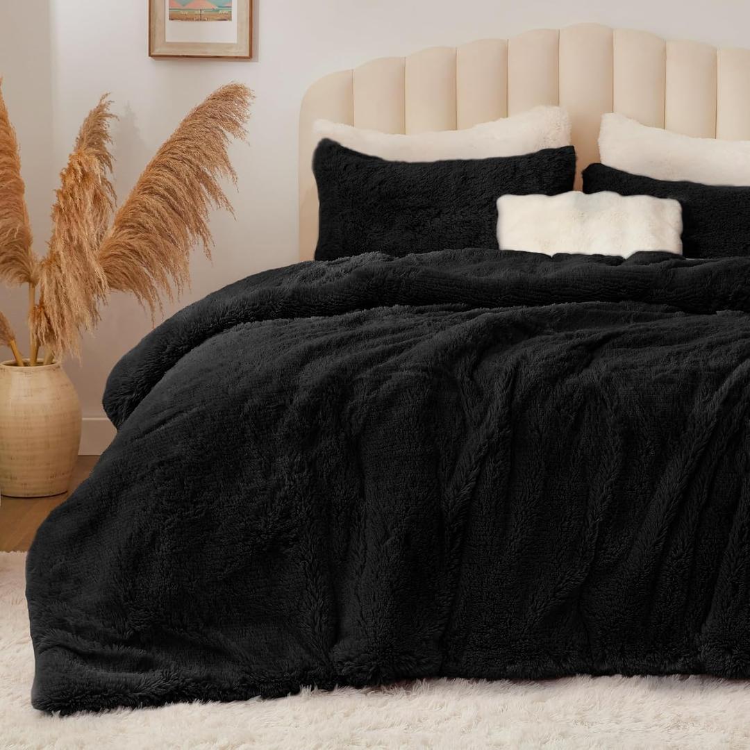 BEDELITE Black Fluffy Comforter Set Queen Size, Fuzzy Faux Fur Comforter Bedding Set, Ultra Soft and Warm Winter Shaggy Bed Set (1 Comforter & 2 Pillowcases) as Gifts for Women