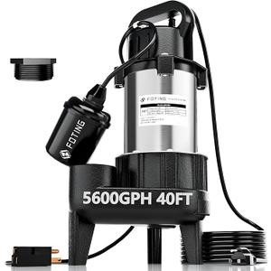 FOTING 1HP 5600 GPH 40FT Sump Pump Submersible Sewage/Effluent Pump - Heavy Duty Cast Iron Automatic/Manual - 115V Septic Pump for Sump Basin/Residential/Sewage/Basement, 2'' NPT,Black