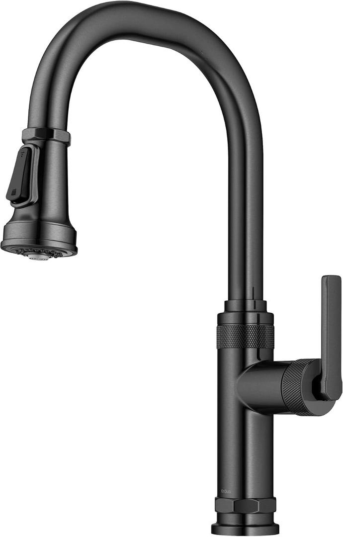 KRAUS Allyn Industrial Pull-Down Single Handle Kitchen Faucet in Spot-Free Black Stainless Steel, KPF-4102SFSB, 5"D x 11.25"W x 16.75"H