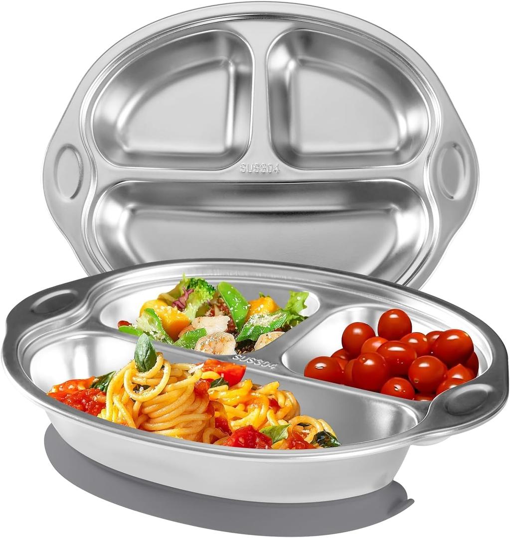 Stainless Steel Baby Suction Plates: Divided Plates for Babies and Toddlers, Made of 100% Food-Grade Materials Ideal for Baby-Led Weaning BPA-Free Toddler Feeding Dishwasher Safe Gray (Stainless steel dinner plates)