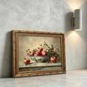 Vintage Gold Framed Pomegranate Still Life Wall Art, Moody Retro Fruit Oil Painting Canvas Print, Antique Bowl and Autumn Botanical Kitchen Wall Decor, Rustic Farmhouse Poster Artwork for Dining Room