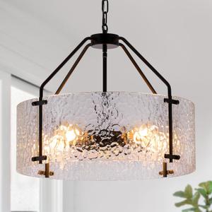 Glass Drum Chandelier for Dining Room 20'' Entryway Light Fixture 5-Light Kitchen Chandeliers Over Table Bedroom Light Fixture for Living Room Hallway Foyer Kitchen (Black)