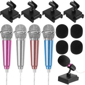 Milisten 4 Sets Mini Microphone, Karaoke Tiny Microphone, Portable Asmr Microphone with Clip Stand and Wind Muffs, Universal 3.5mm Connector for Phone, Laptop Chatting and Singing