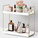 Forbena White and Gold Bathroom Counter Organizer, 2 Tier Bathroom Organizer Countertop Tray, Corner Makeup Vanity Shelf Organizers and Storage for Perfume Skincare Kitchen Sink Coffee Bar Decor
