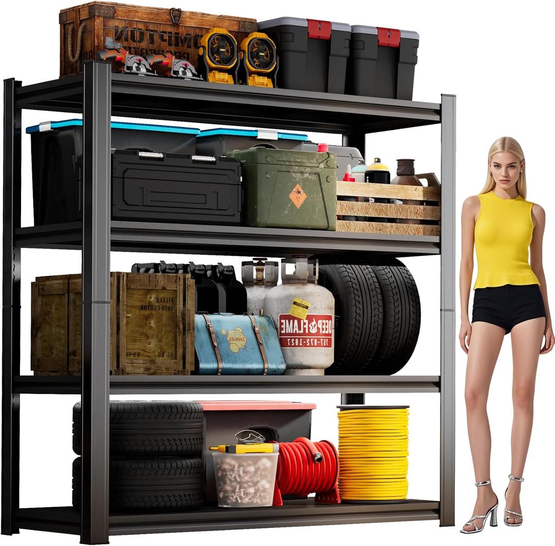 55''H Garage Shelving 2400LBS Heavy Duty Shelving Units, Garage Storage Shelves Adjustable 4 Tier Metal Industrial Shelf for Kitchen, Utility Room and Basement, Black (13.78''Dx35.43''Wx54.33''H)