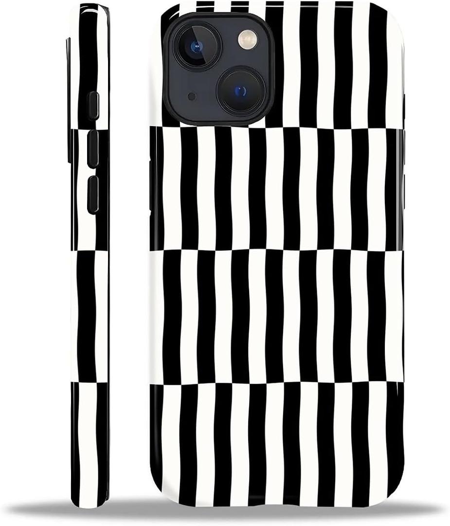 for iPhone 15 Plus Case,HL2 Plaid Stripes Black White Hybrid 2 Layer Hard Shell Silicone Protective Pattern Design Case
