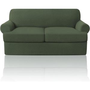 PrinceDeco T Cushion Loveseat Slipcover - 3 Pieces Sofa Cover for 2 Cushion Couch with 2 Individual T Shape Seat Covers Width Up to 76 Inch - Stretch, Machine Washable, Bronze Green