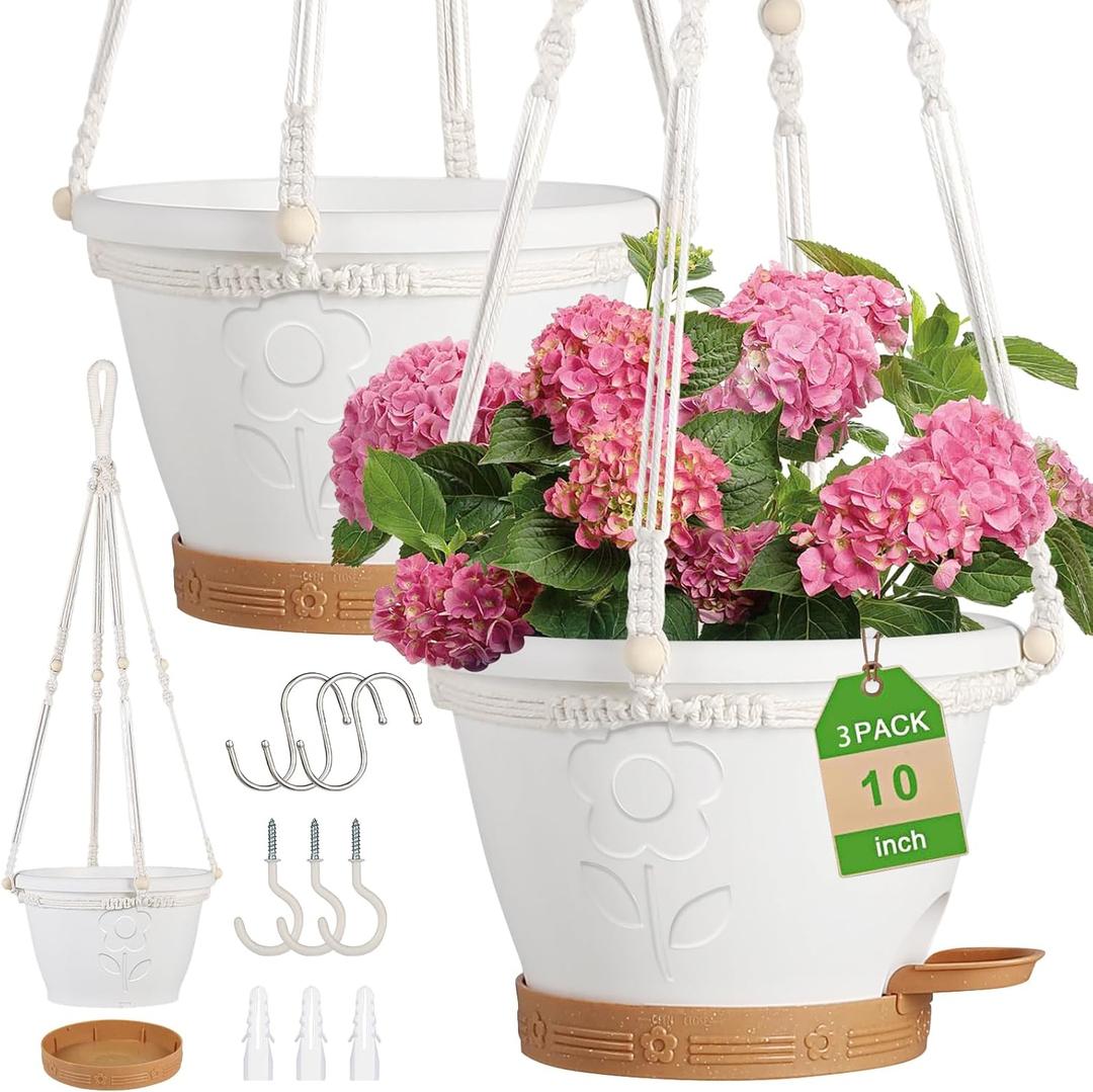 gegemaoyi 3 Pack Hanging Baskets Set, Hanging Planters for Indoor & Outdoor Plants, Self-Watering Hanging Pots with Removable Tray&Drainage Holes, Flower Pots for Home Garden Decor 10 Inch (White)