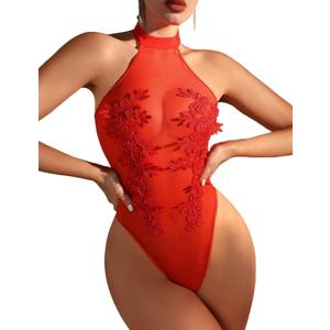 Avidlove Teddy Lingerie for Women Sexy Mesh Bodysuit Snap Crotch Body Suits Sheer Emboroidered One Piece Babydoll (Red)