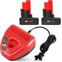 2 Pack 6000mAh 12V Battery and 12V Rapid Charger Replacement for Milwaukee XC Cordless Power Tools 48-11-2401, 48-11-2402, 48-11-2440, 48-11-2411, C12 B, C12 BX
