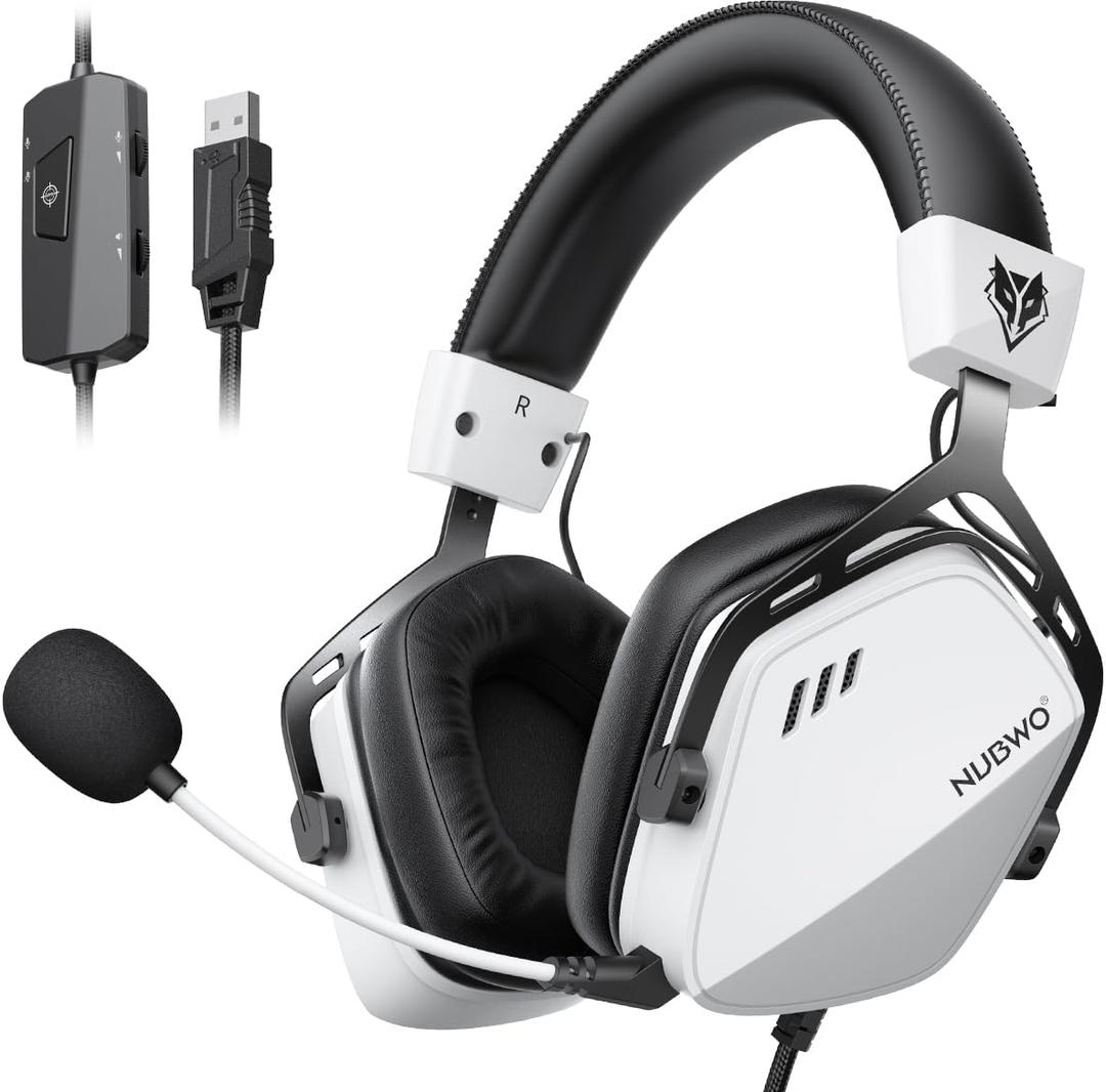 NUBWO HG03 USB-A Gaming Headset with 7.1 Surround and FPS Sound, Wired Headphones with Noise Canceling Mic, Comfortable Design for PC, Laptop - White