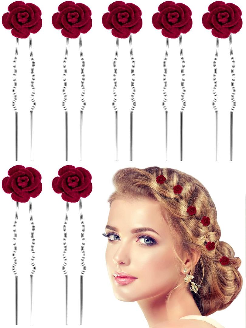 Bencailor 24 Pieces Rose Hair Pins Mini Burgundy Flower Hair Clips Accessories U Shaped Decorative for Bridal Wedding Dance Birthday Woman Small Bobby(Red)