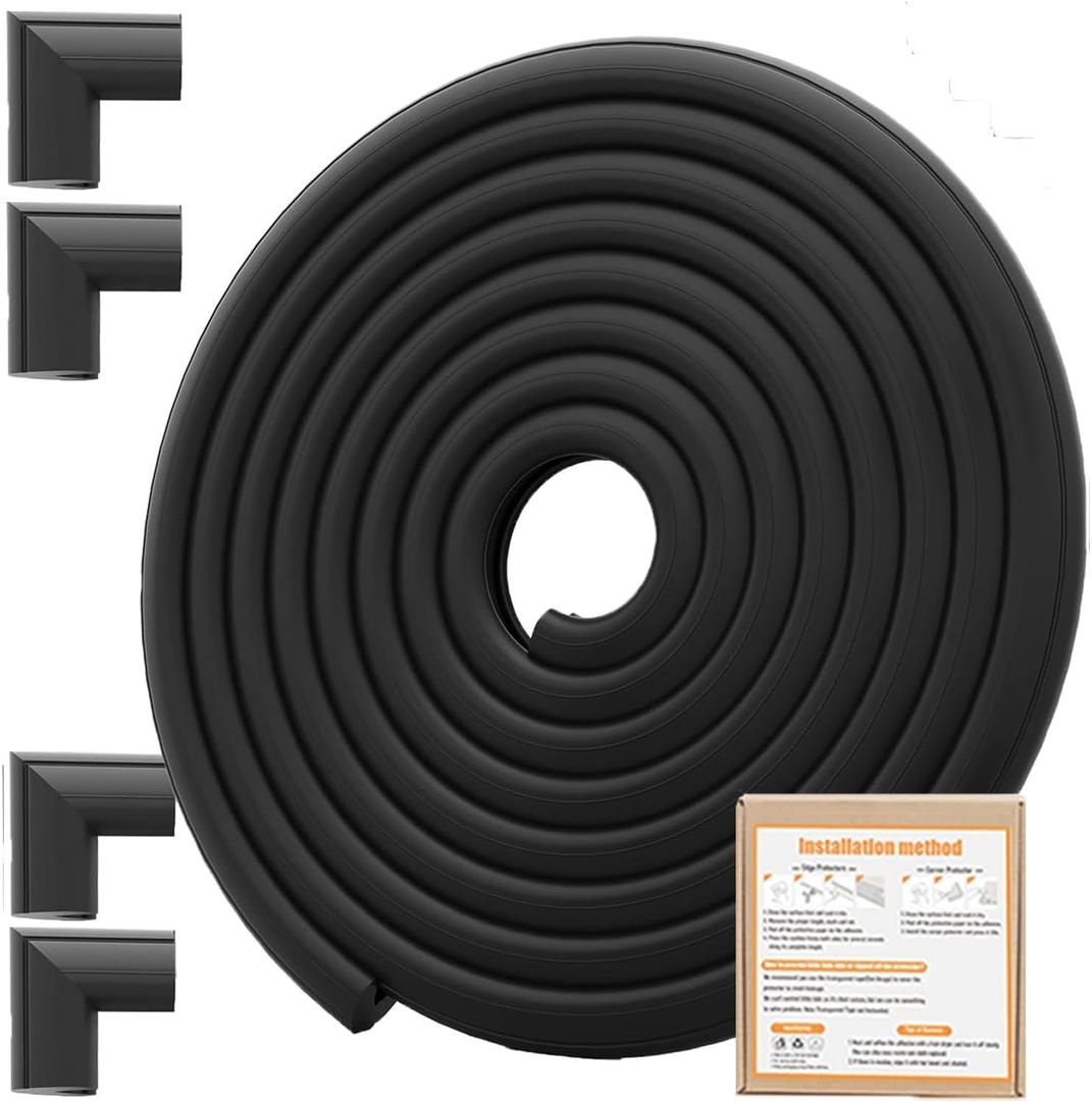 Baby Proof Corners and Edges Protector 8.2ft (Large 7.5ft Edge+4 Corner Guard), Fireplace Baby Proofing Bumper, Heavy-Duty Soft NBR Foam Edge Corner Protector for Furniture Table, Childsafe/Pre-Taped (Black)