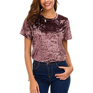 Women's Crew Neck Velvet Top Short Sleeve T-Shirt, Large