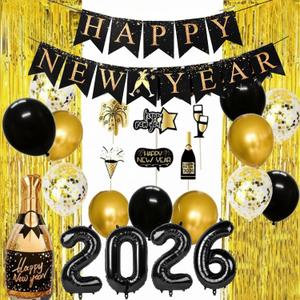 2026 Balloons New Year Balloons Kit Decorations 2026 Happy New Year Party Supplies 2026 Foil Balloon Banner Tassel Latex Balloon
