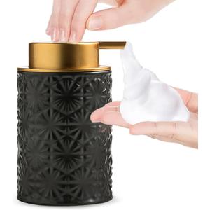 Elegant Foaming Soap Dispenser, Designed with Flower-Shaped Emboss, Ceramic Gold Hand Soap Dispenser for Bathroom (Black)
