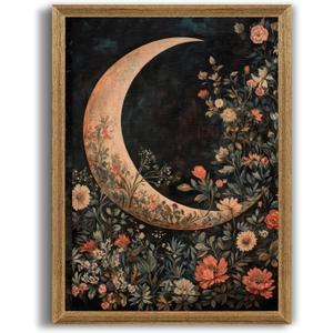 Palette Dreams Moody Gothic Moon and Vintage Flowers Canvas Wall Art, Mystical William Morris Wall Decor,Witchy Dark Academia Celestial Poster Prints for Bedroom Living room 12x16 inch Wood Framed