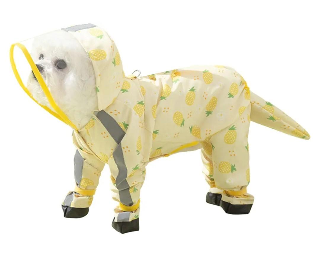 Junchl Small Dog Raincoat Rainboots with D-Ring, Full Coverage Dog Rain Jacket Slicker Poncho, Waterproof Dog Rain Jacket with Reflective Strip, Rainboot, Tail Cover Pineapple M