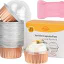 5oz Cupcake Baking Cups with Lids 25 Pack, Foil Muffin Tin Mini Cake Pans Small Cupcake Containers, Disposable Creme Brulee Ramekins Liners for Bake Sales Wedding-Champagne
