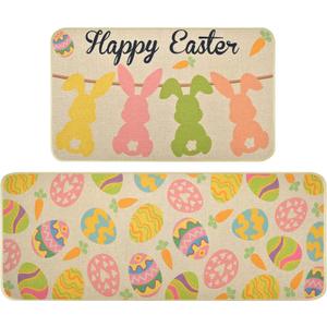 Nialnant Easter Kitchen Rugs Set of 2, Non Slip Kitchen Mats for Floor, Absorbent Rubber Kitchen Rugs, Bunny Eggs Kitchen Mat for Front of Sink 17'' x 47'' + 17'' x 30''