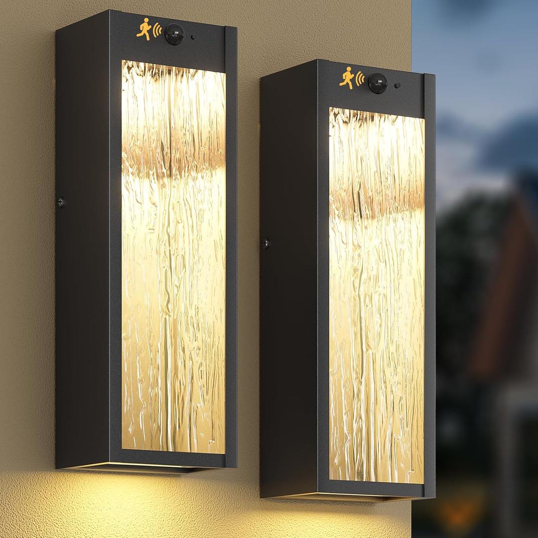 Motion Sensor LED Outdoor Wall Light Fixtures 2 Pack, Modern Dusk to Dawn Sensor Porch Outdoor Lighting, Black 15 Inch Water Ripple Exterior Wall Sconce, LED Outside Lantern for Garage Front Door