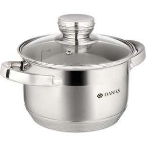 Daniks Standard 2 Quart Stainless Steel Stock Pot with Glass Lid, Tri-Ply Bottom for Even Heating, Induction Compatible, Dishwasher Safe, Built-In Measuring Scale, Silver