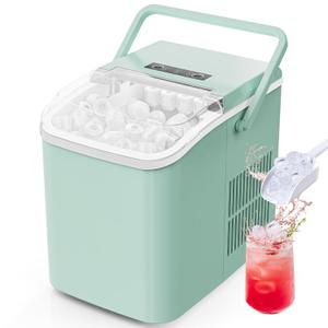 Sweetcrispy Countertop Ice Maker with Scoop, Basket and Handle, Portable Ice Machine 9 Ice Cubes Ready in 6 Mins, 26.5lbs in 24Hrs, 2 Sizes for Home Kitchen Office Bar Party, Green