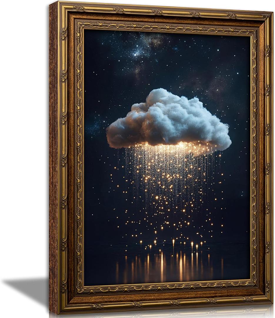 Vintage Gold Framed Moody Cloud Wall Art, Golden Glowing Rain Cloud Painting Canvas Prints, Modern Starry Sky Landscape Picture Wall Decor, Funny Academic Artwork for Living Room Bedroom 11"LX9"W