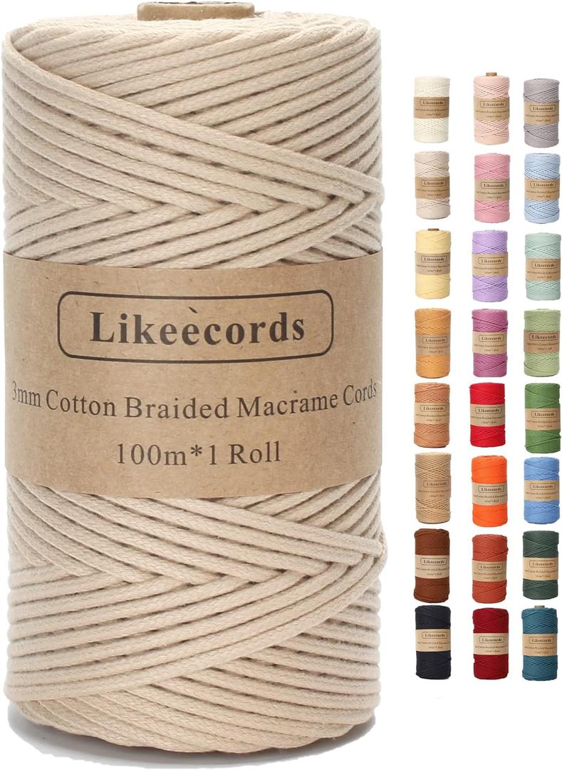 Braided Cotton Cord 3mm109 Yards Natural Macrame Cotton Cord Bohemia Macrame Rope for Handmade Plant Hangers Wall (Apricot)