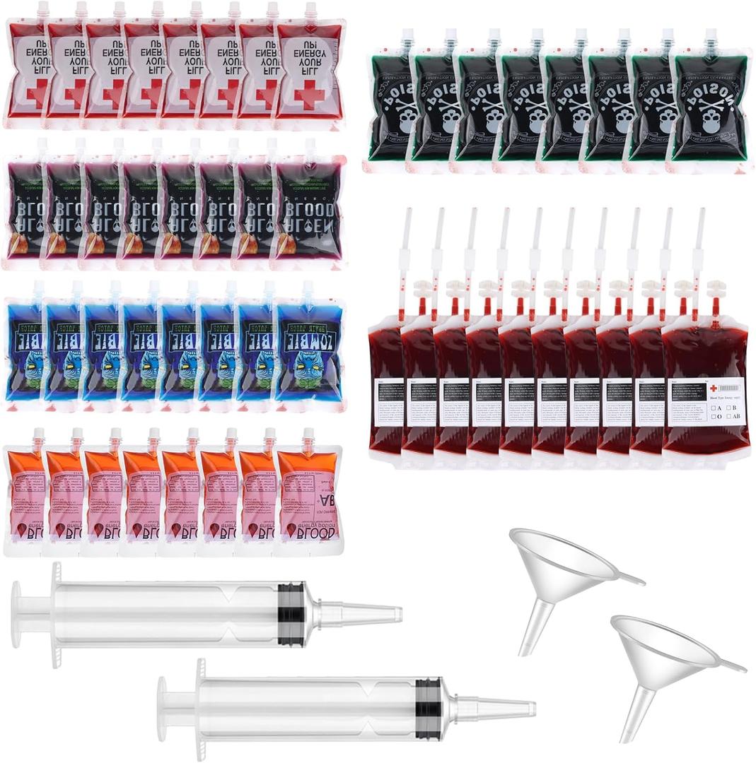 50 Pack 10-oz Blood Bags for Drinks, Halloween IV Bag for Drink Pouches, Reusable Fake Blood Bags with Syringe & Funnel for Masquerade,Vampire,Zombie,Nurse Graduation Party Props (Style1)
