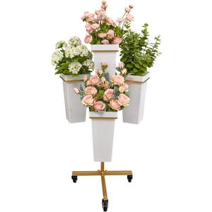 Flower Display Stand with Buckets - Flower Cart with Wheels for Bouquet Shop, Metal Flower Rack Display Stand for Wedding Garden, Party, Events (Gold, Square buckets)
