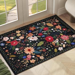 3x5 Area Rug, Floral Black Washable Rug for Entryway, Non Slip Flower Area Rugs, Soft Low Pile Indoor Doormat Small Carpet, Rugs for Living Room Bathroom Bedroom Nursery Kitchen Dining Room